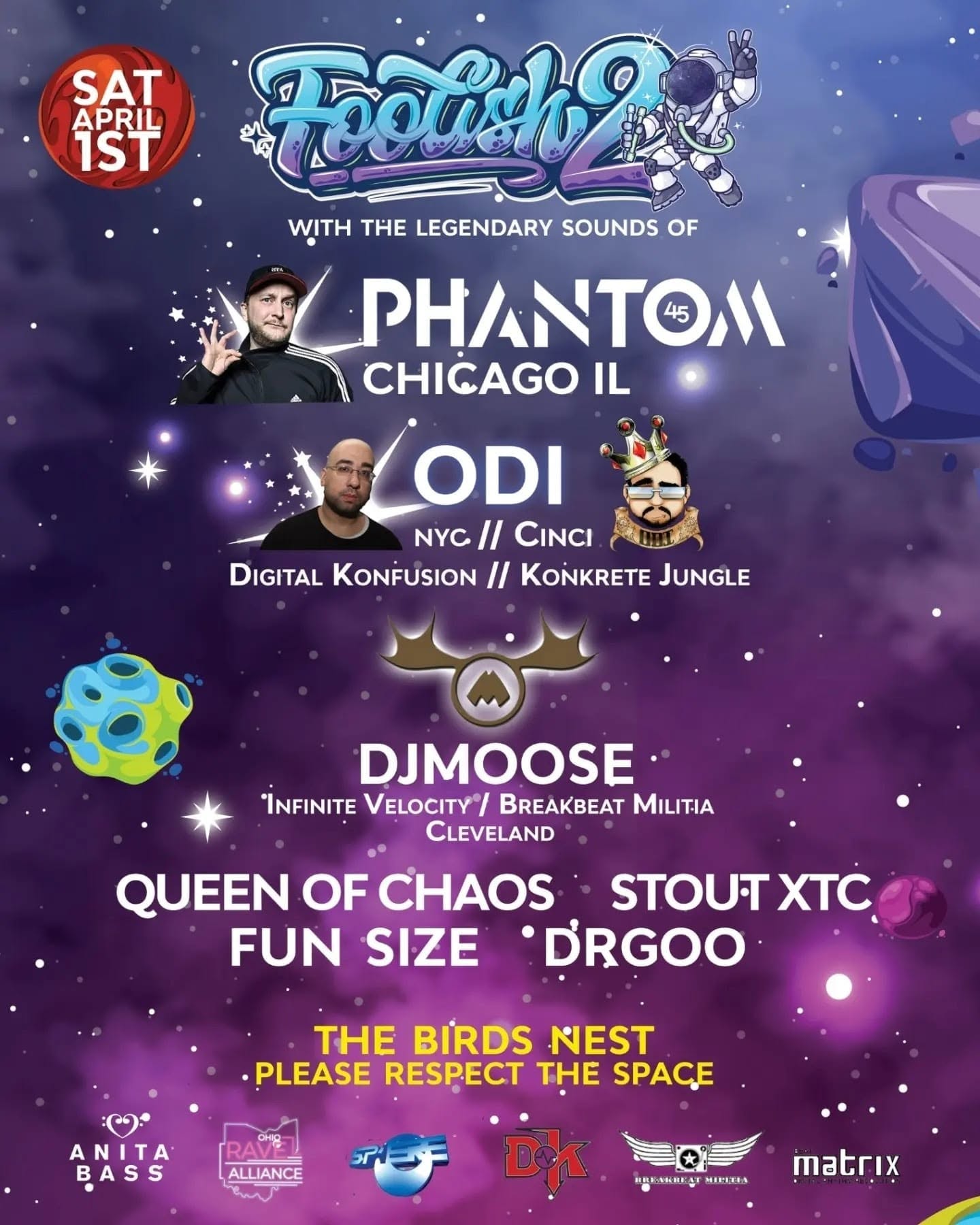 Back of the Foolish2 flyer — the full DJ lineup (Phantom 45, ODI, djmoose, Queen of Chaos, Stout XTC, Fun Size, DRGOO) for the April 1, 2023 drum & bass party at The Birds Nest in Cleveland