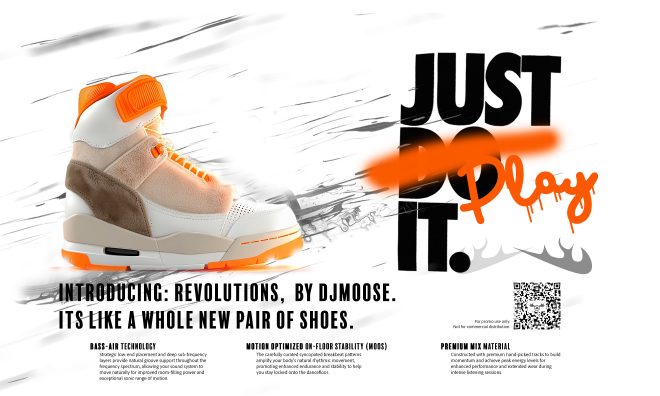 Revolutions sneaker-ad flyer with promo QR code